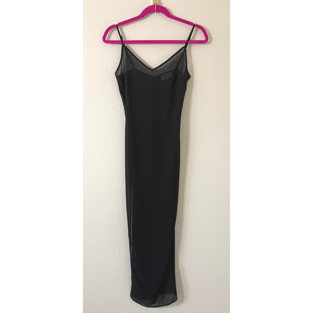 Sau Lee Black Sheer Mesh Overlay Midi Slip Dress V-Neck Size 0 Minimalist